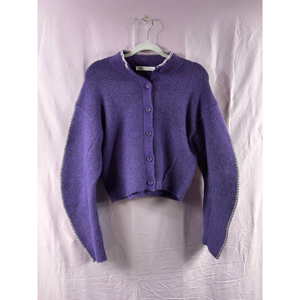 Zara Purple Knit Whipstitch Trim Button Front Cropped Cardigan Sweater Medium